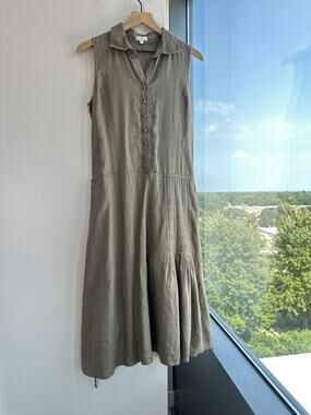 Solar Olive Green Sleeveless 100% Linen Midi Dress Sz L